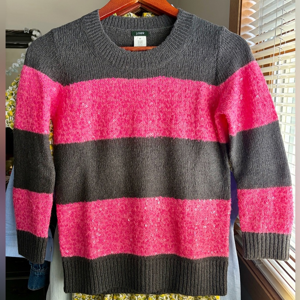 J. Crew Charcoal and Hot Pink Sequin-Striped Crewneck Sweater